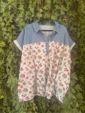 Denim & Floral Short-Sleeve Polo Top - Blue and Rose